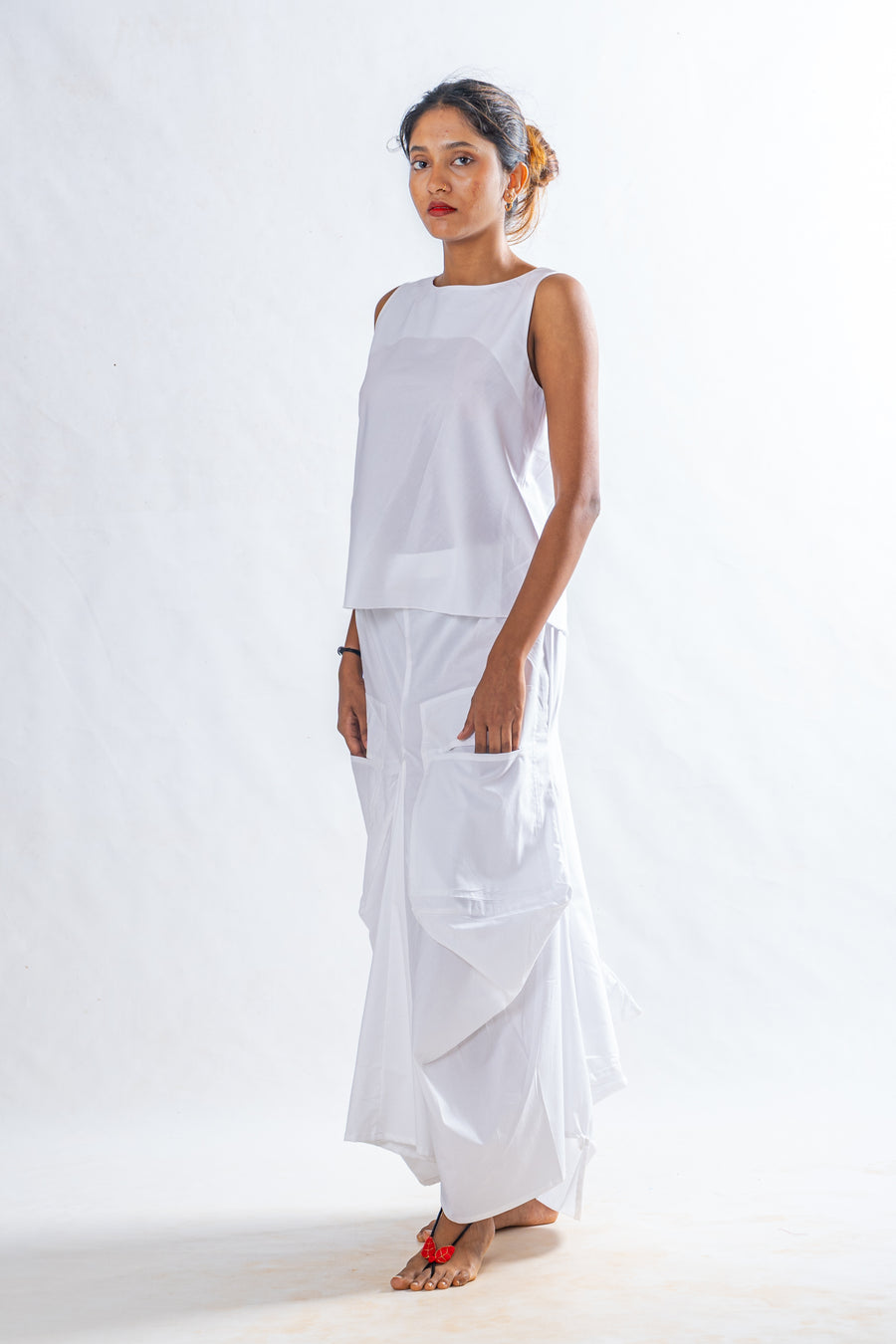 Set of 2- White Organic cotton Top, Pocket Skirt