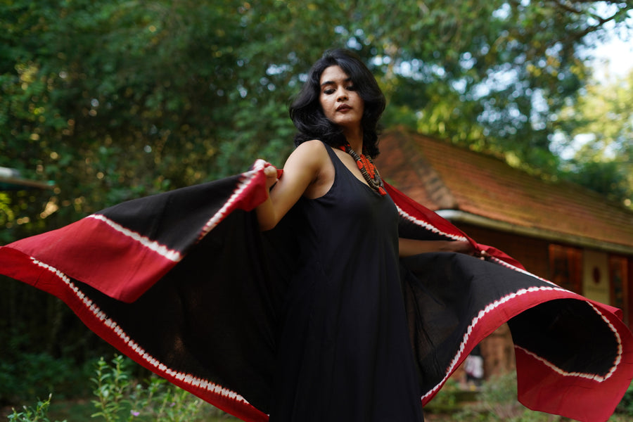 Black Red Shibori Cotton Long Scarf