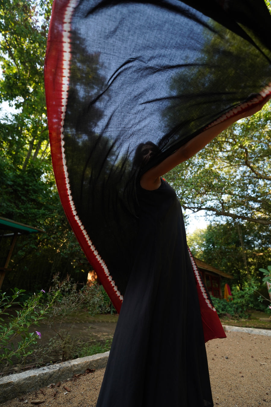 Black Red Shibori Cotton Long Scarf