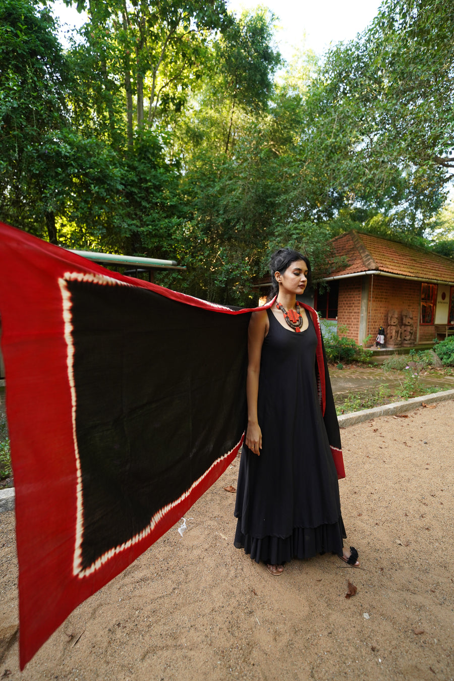 Black Red Shibori Cotton Long Scarf