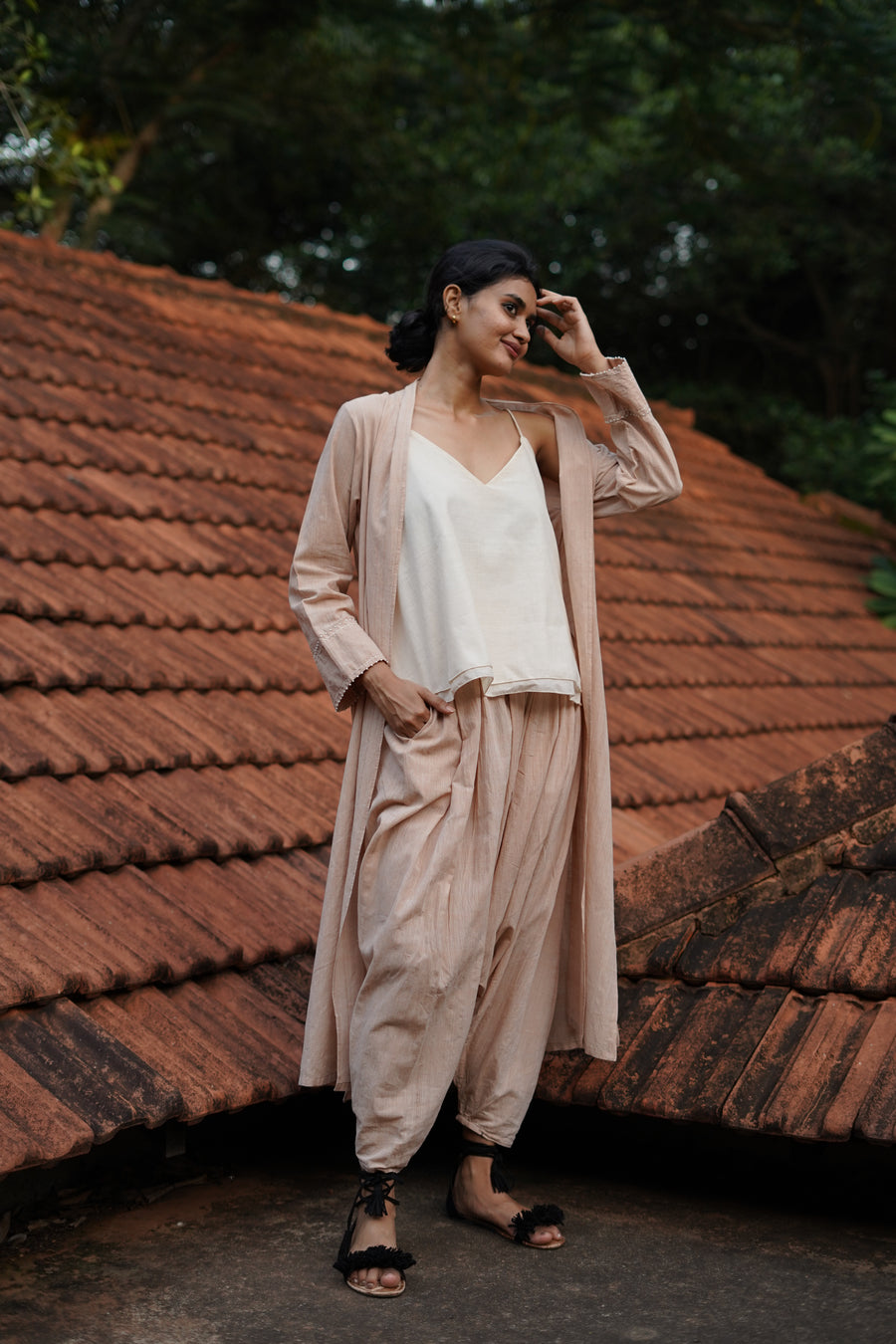 Set of 3- Organic cotton long embroidered Jacket, Top & Pant Set