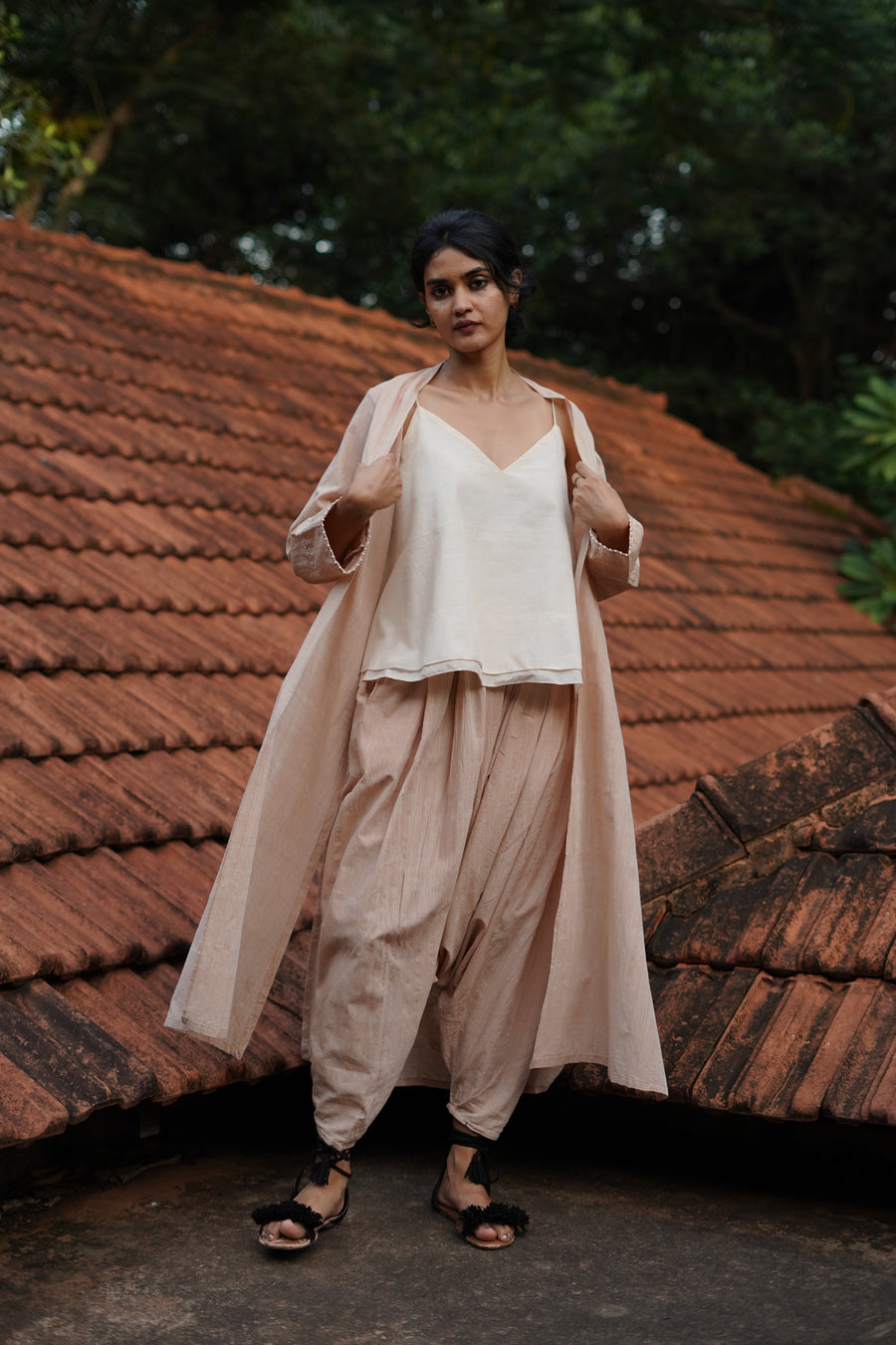 Set of 3- Organic cotton long embroidered Jacket, Top & Pant Set