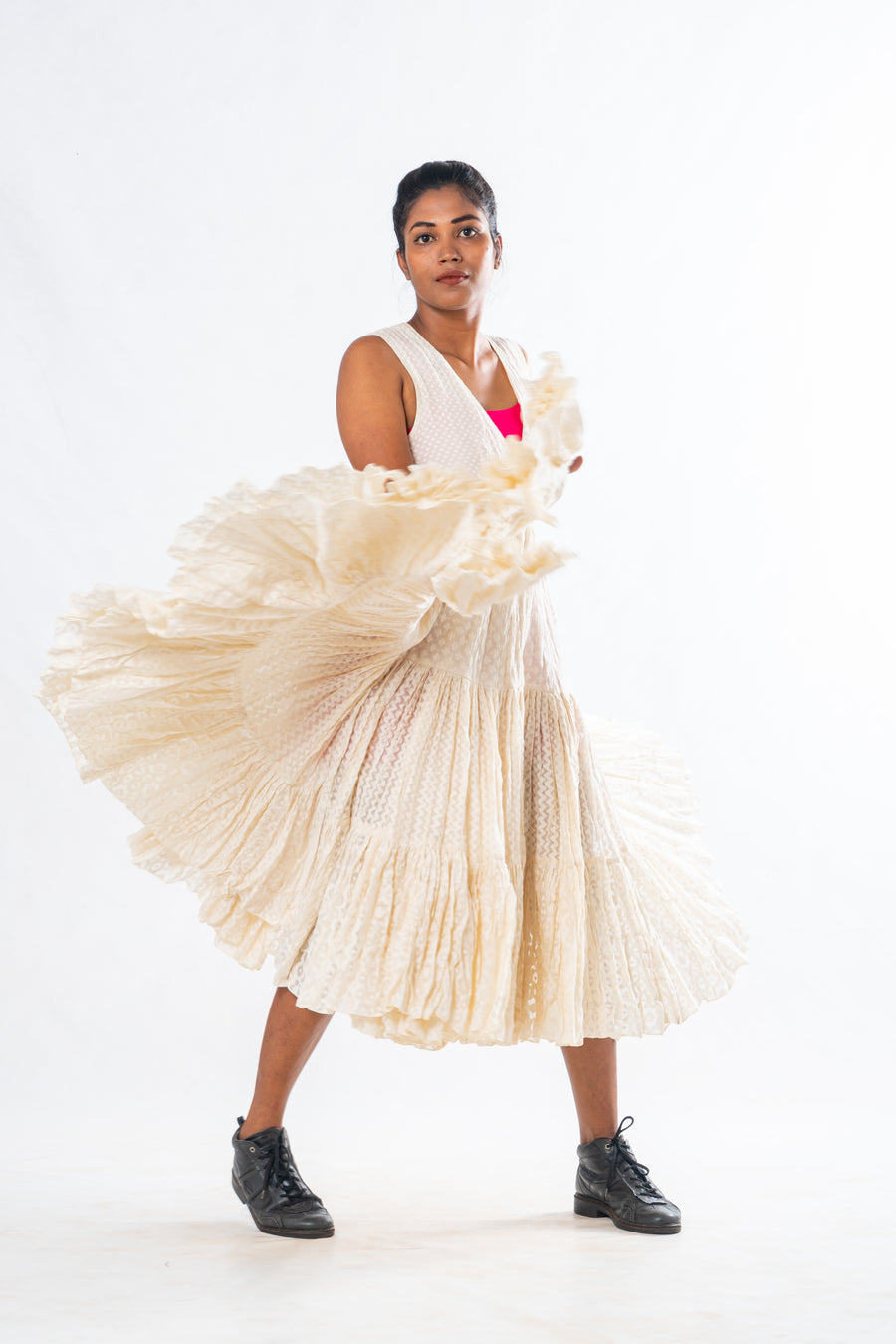 Off White Silk Cutwork Flared Wrap Dress