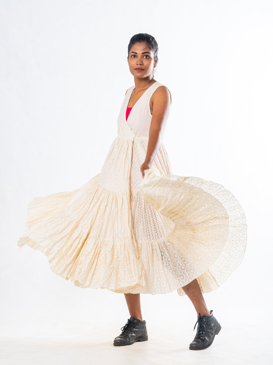 Off White Silk Cutwork Flared Wrap Dress