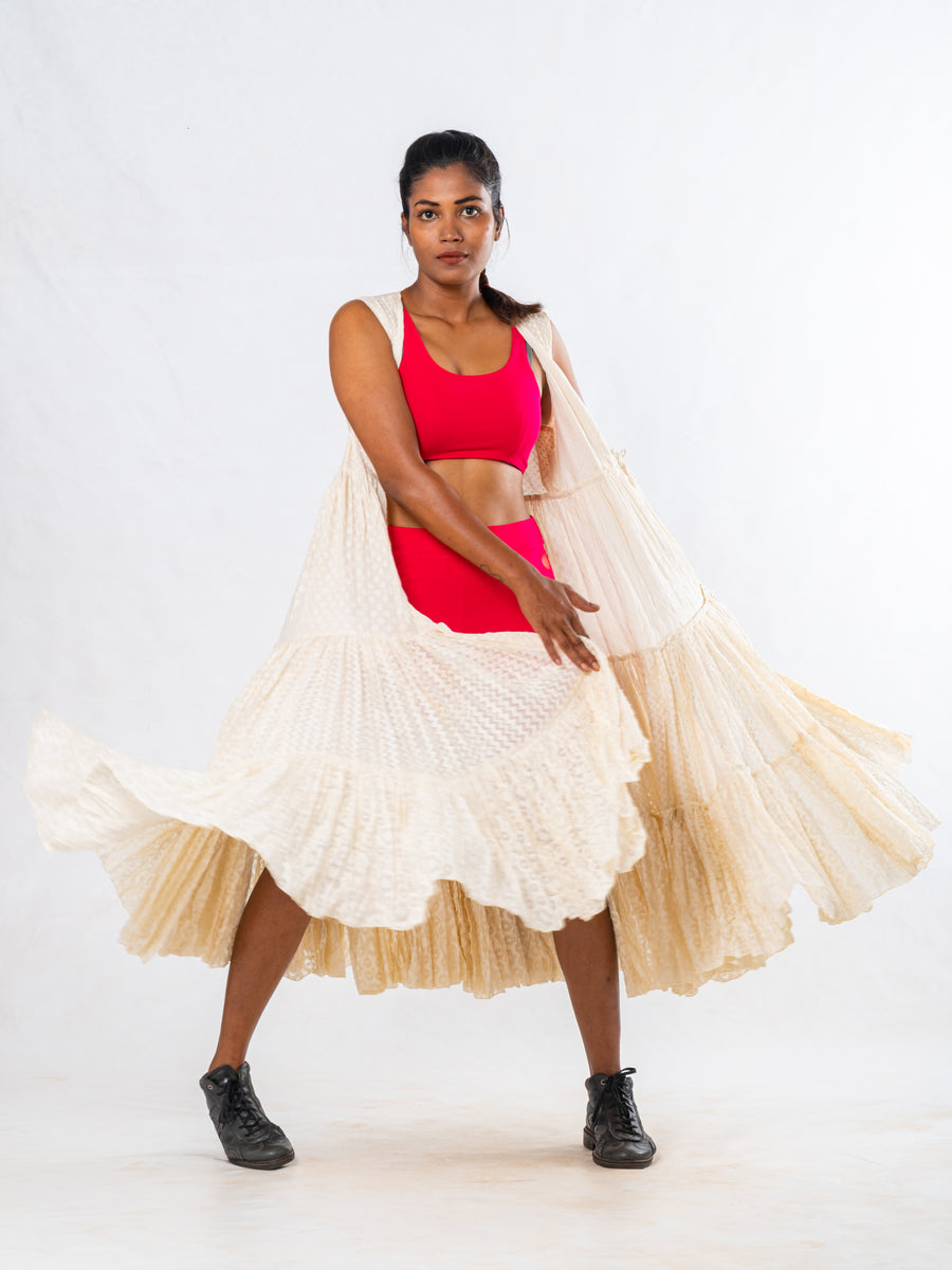 Off White Silk Cutwork Flared Wrap Dress