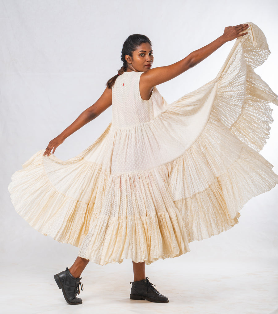 Off White Silk Cutwork Flared Wrap Dress