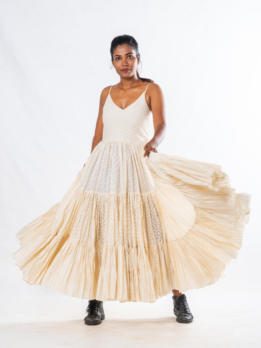 Off White Silk Cutwork Flared Maxi Dress