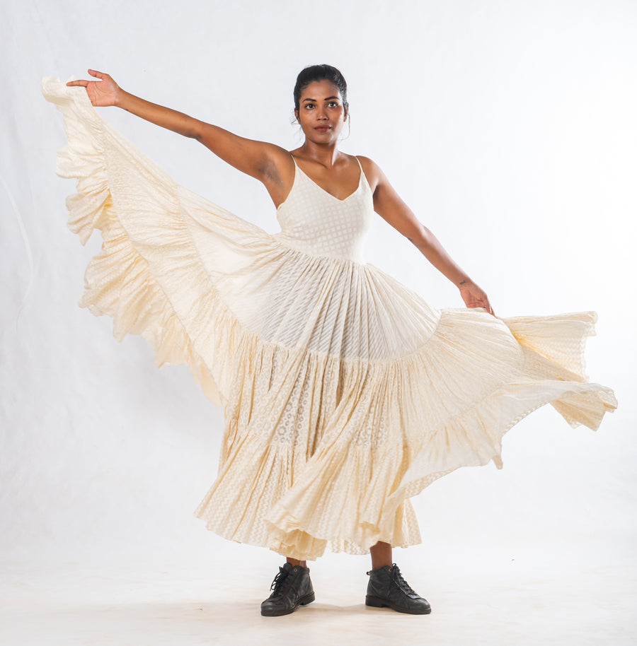 Off White Silk Cutwork Flared Maxi Dress