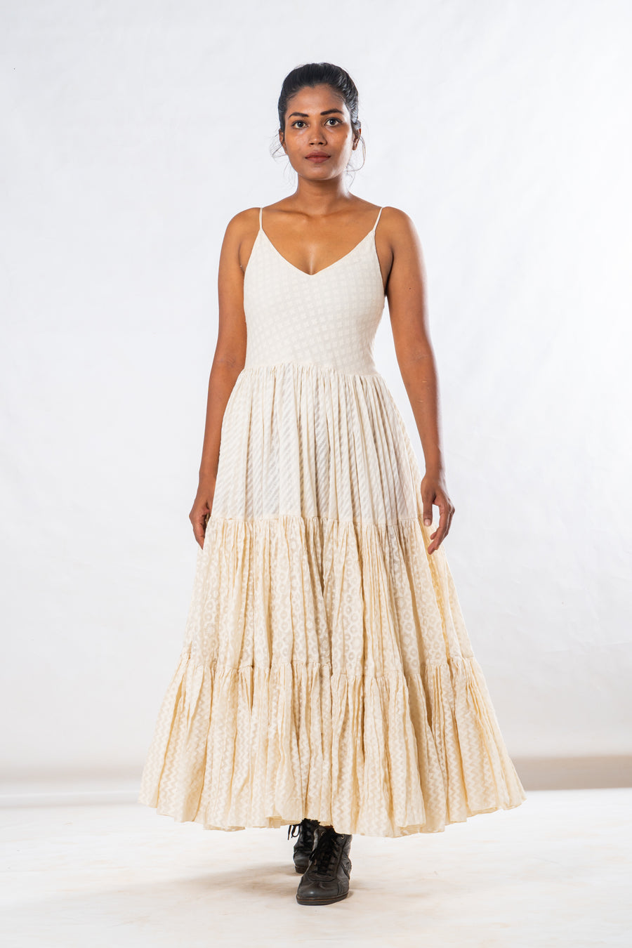 Off White Silk Cutwork Flared Maxi Dress