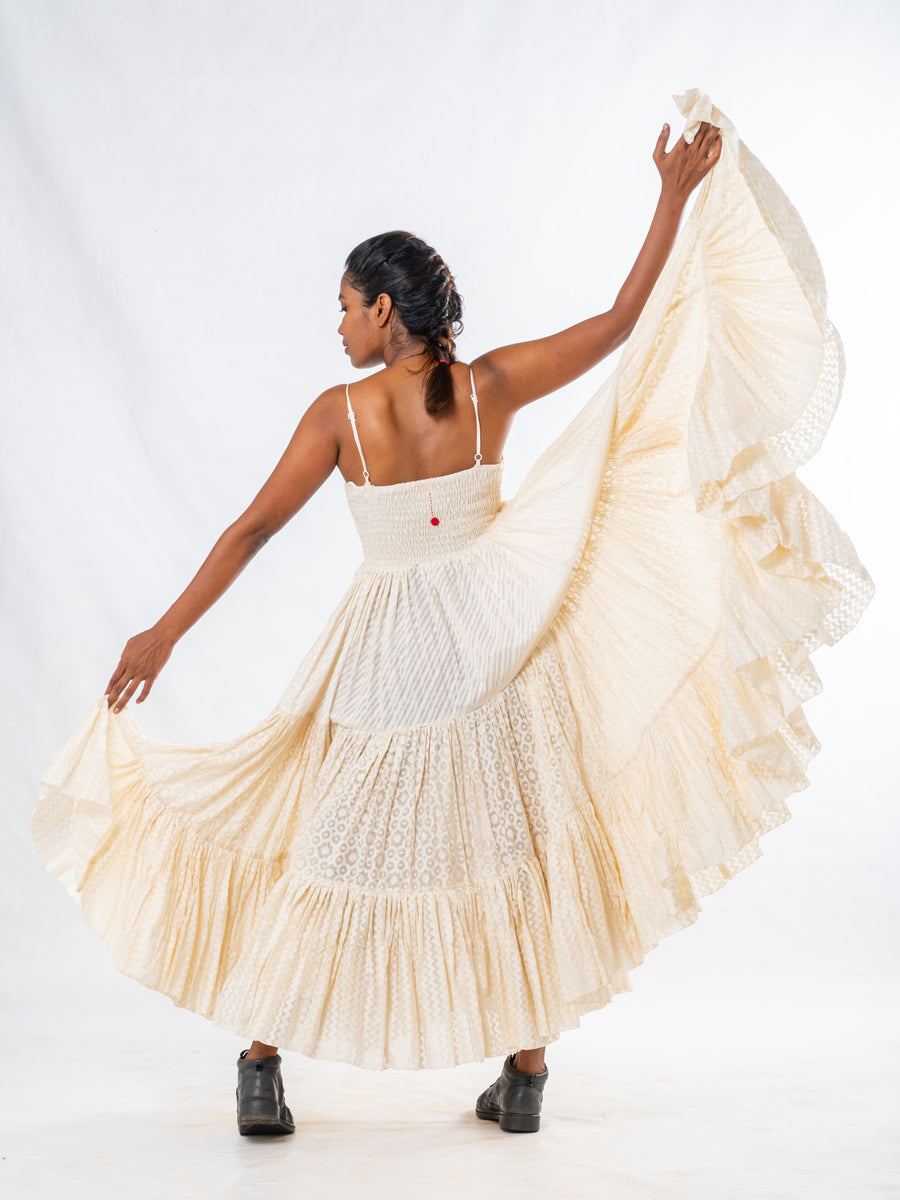Off White Silk Cutwork Flared Maxi Dress