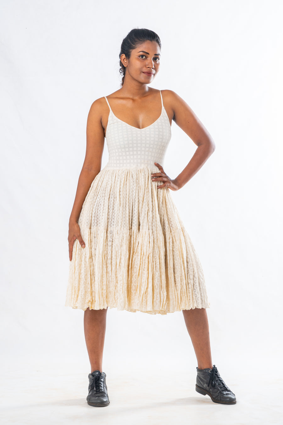 Off White Silk Cutwork Flared Dress