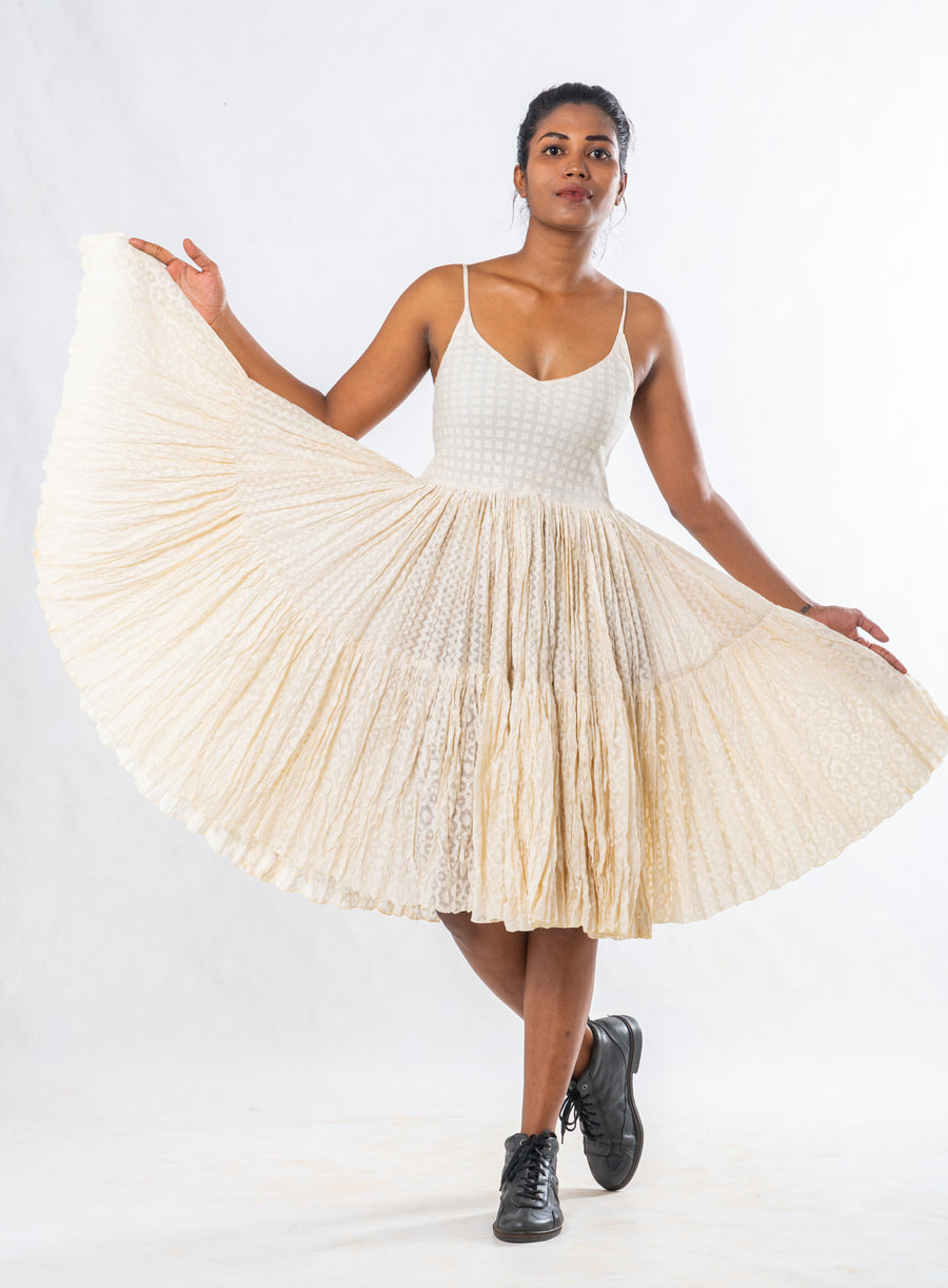 Off White Silk Cutwork Flared Dress