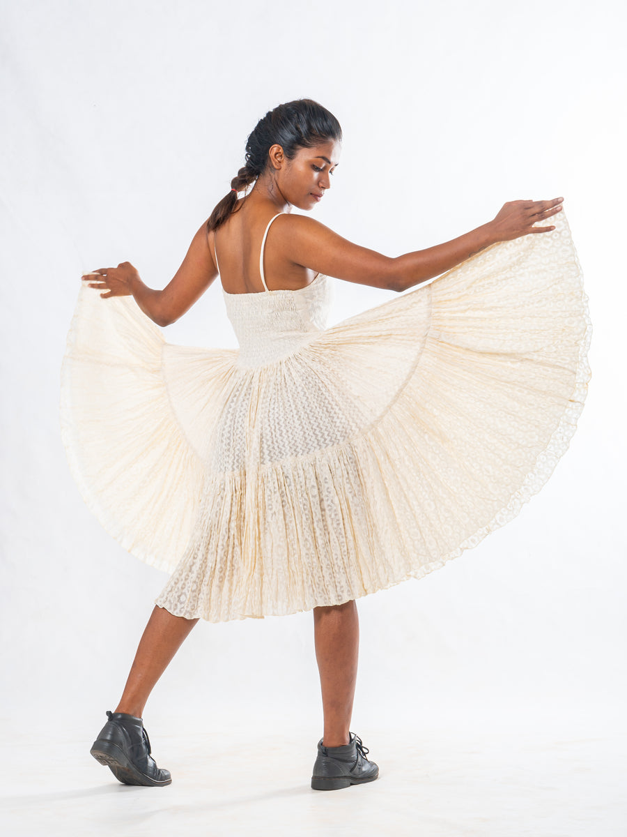Off White Silk Cutwork Flared Dress