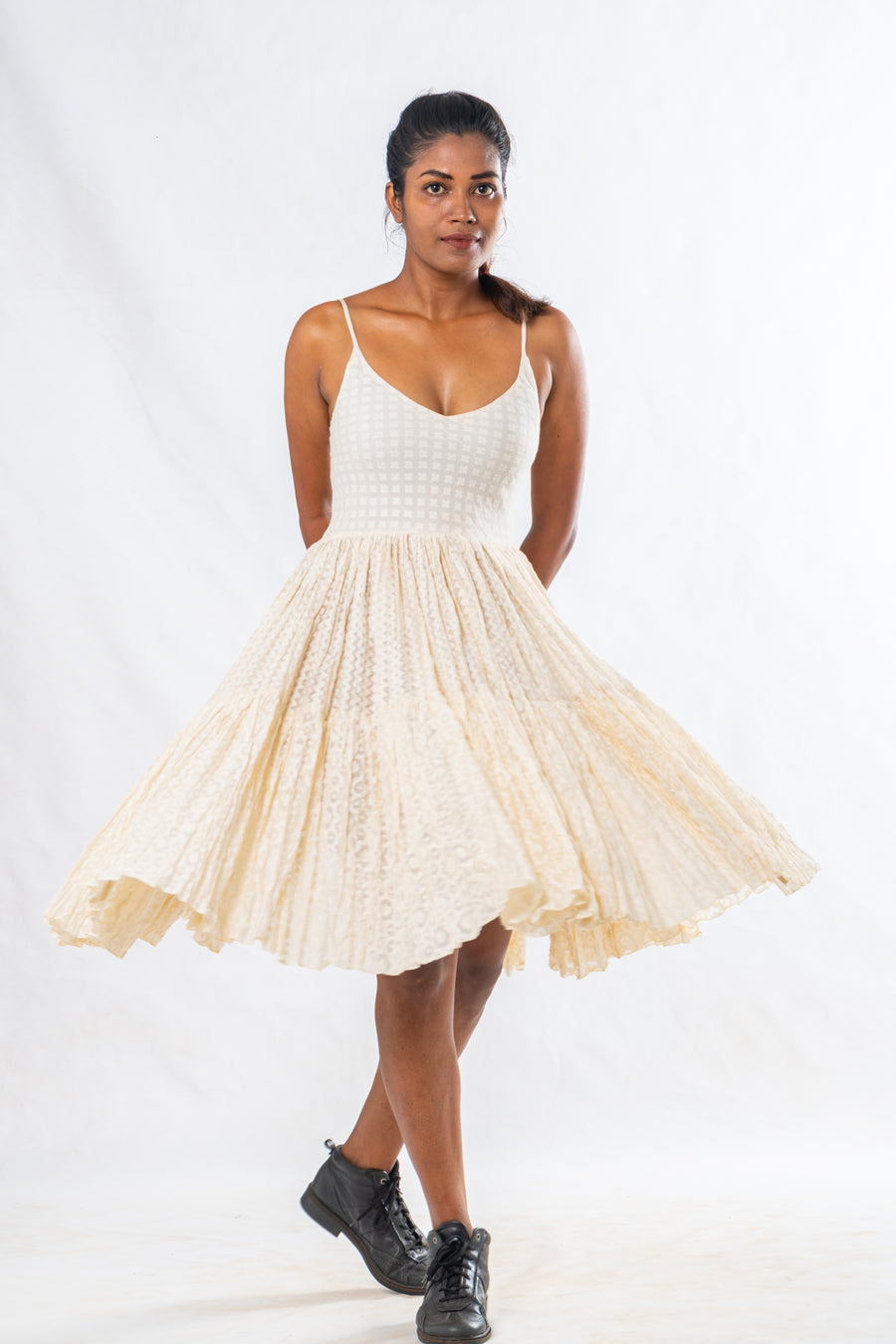 Off White Silk Cutwork Flared Dress
