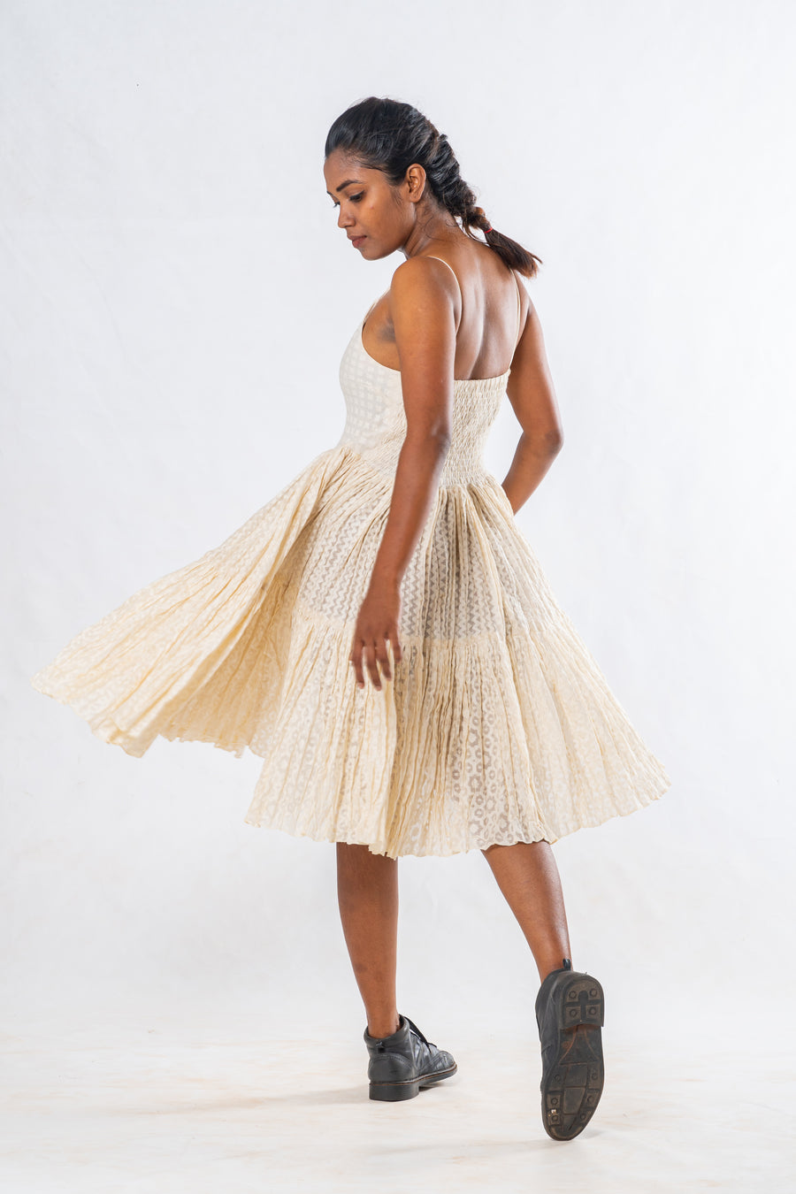Off White Silk Cutwork Flared Dress