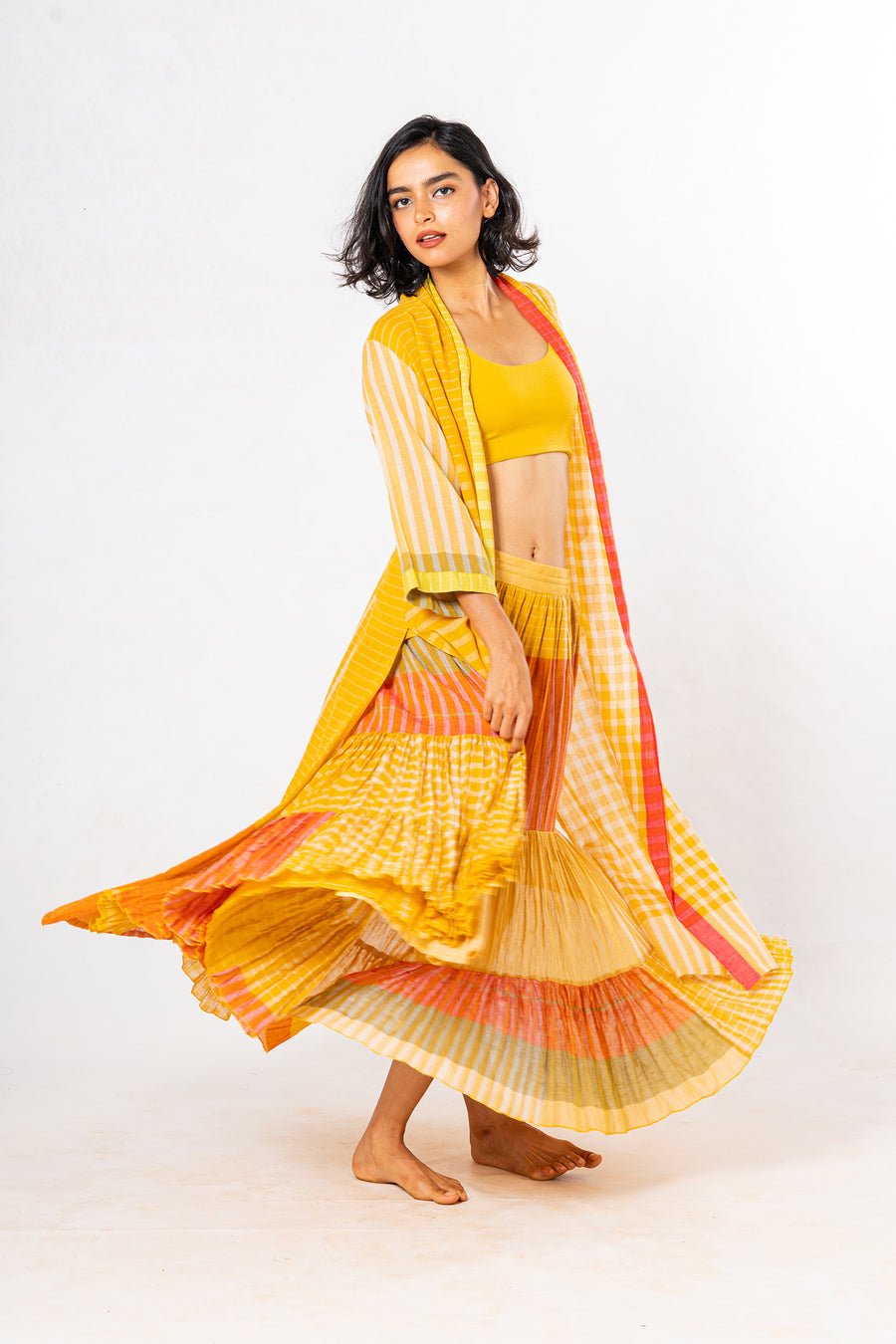 Set of 3- Bloom Turmeric Crinkled Cotton Skirt Set