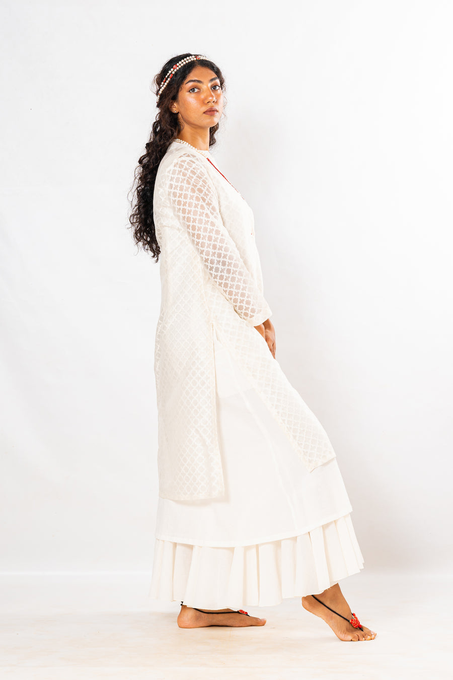Set of 2- White Varanasi Cutwork Organic Cotton Dress & Jacket