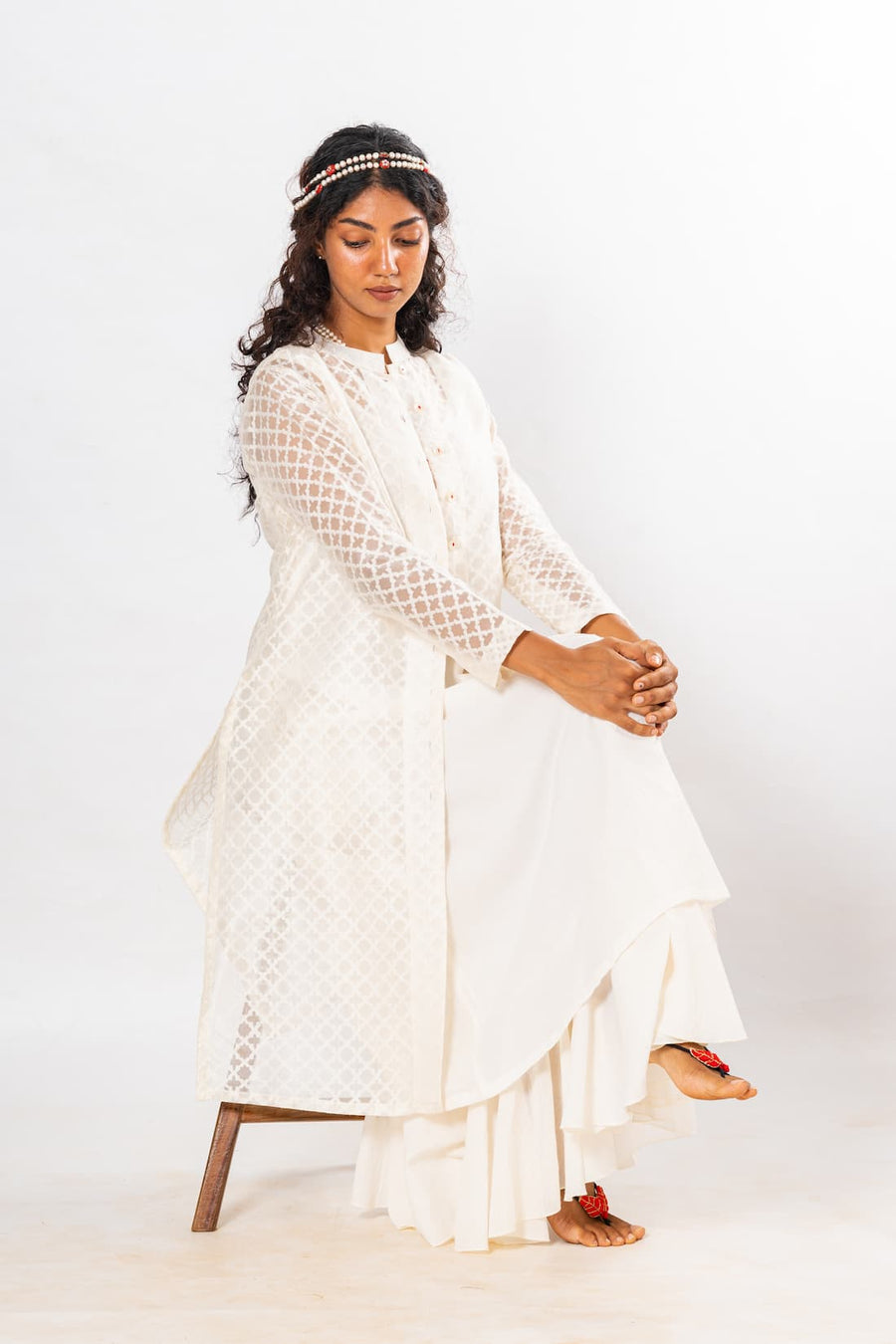 Set of 2- White Varanasi Cutwork Organic Cotton Dress & Jacket