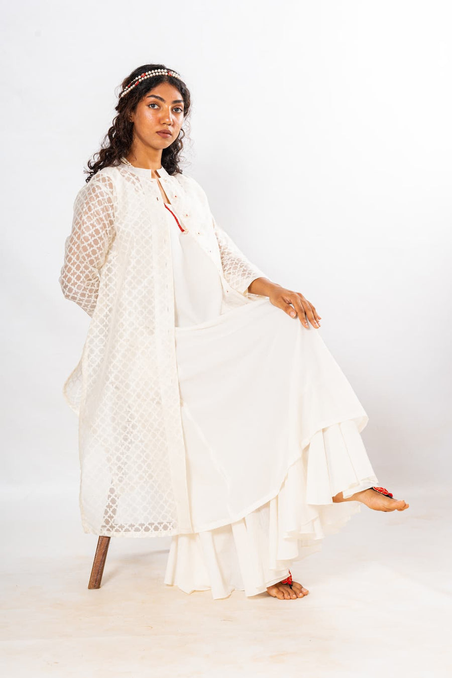 Set of 2- White Varanasi Cutwork Organic Cotton Dress & Jacket