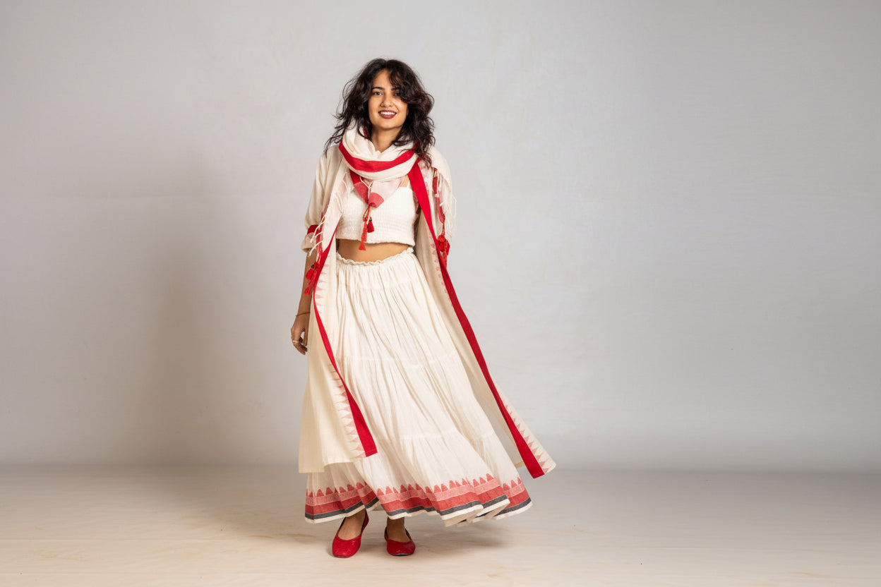 Set of 4: White & Red Jamdani Jacket, Skirt, Top & Scarf