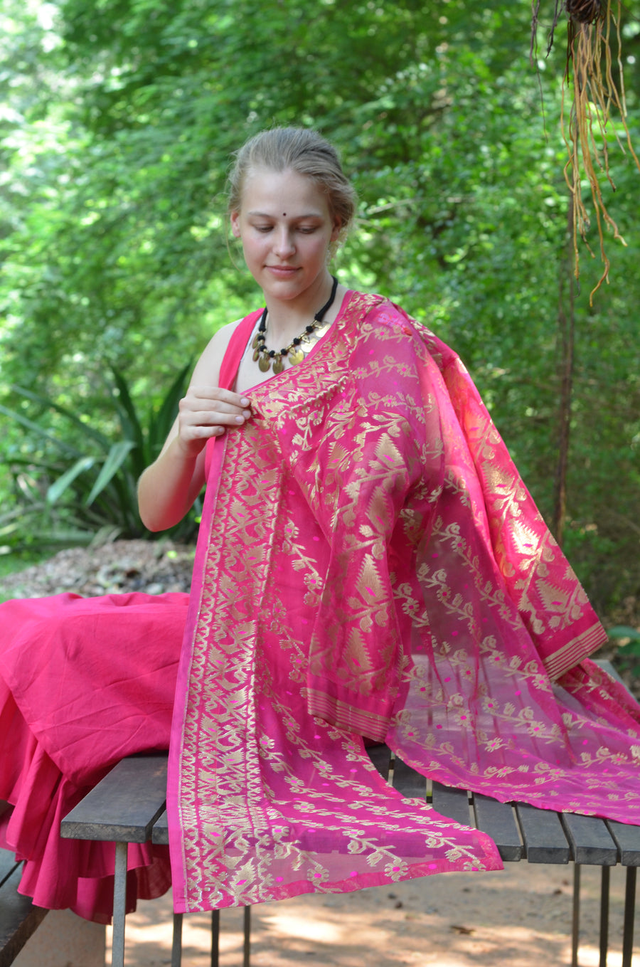 Set of 2- Bright Pink cutwork silk jacket & maxi Dress