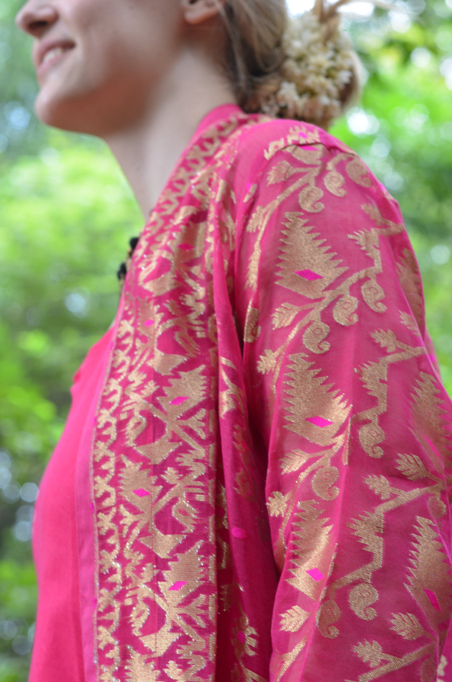 Set of 2- Bright Pink cutwork silk jacket & maxi Dress