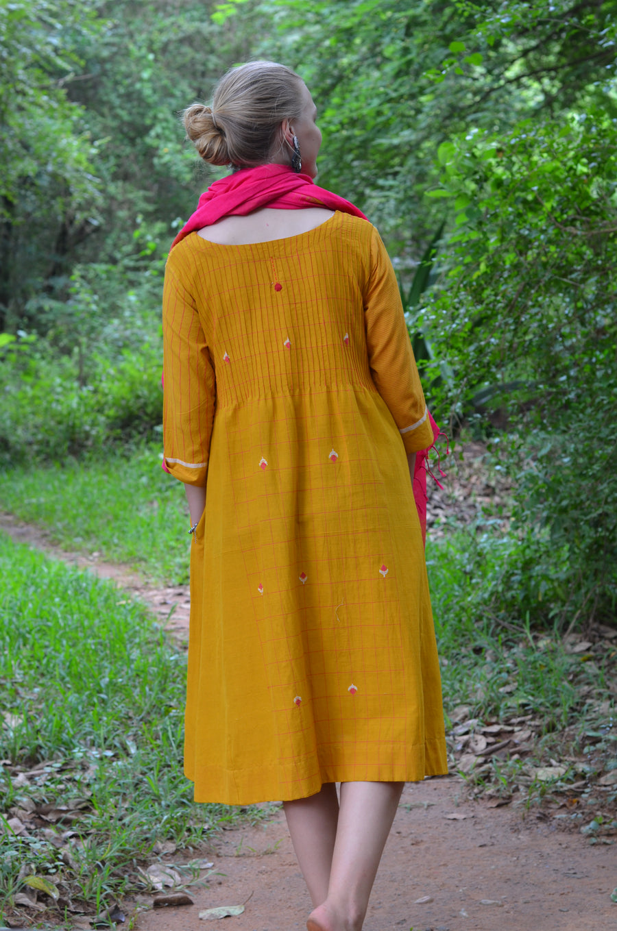 Set of 2- Mustard Pinktuck Jamdani Dress with Pink scarf