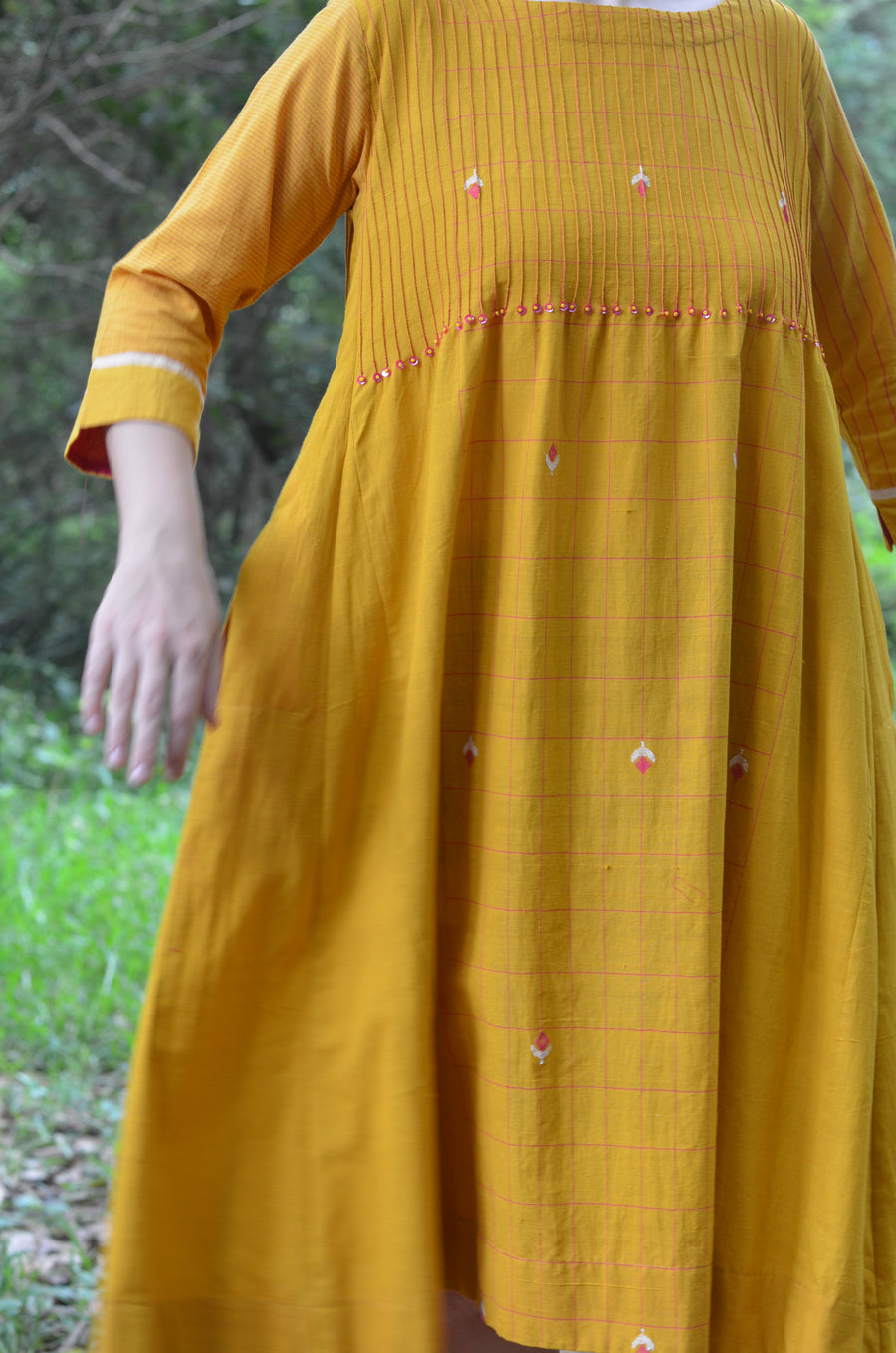 Set of 2- Mustard Pinktuck Jamdani Dress with Pink scarf