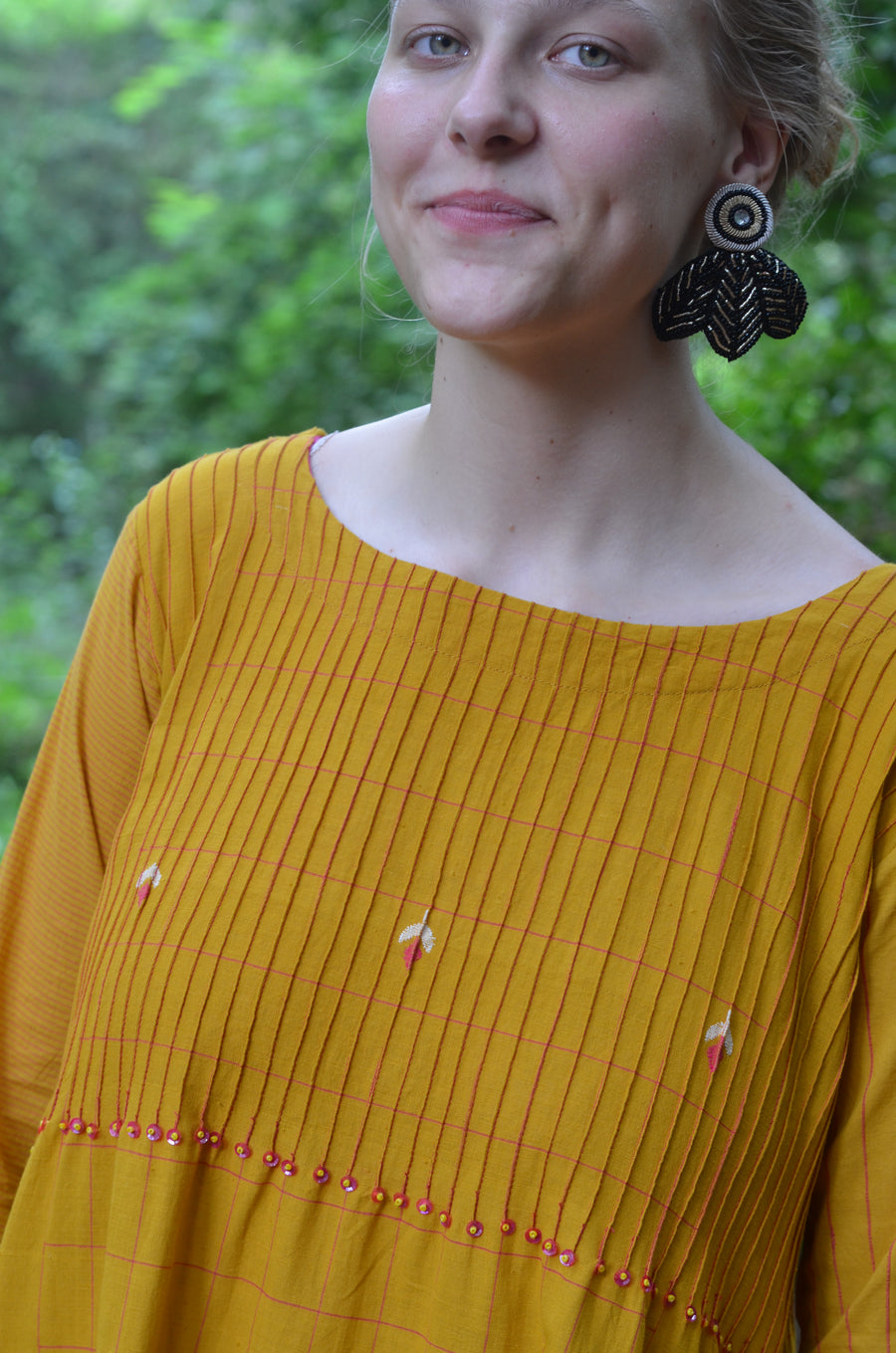 Set of 2- Mustard Pinktuck Jamdani Dress with Pink scarf