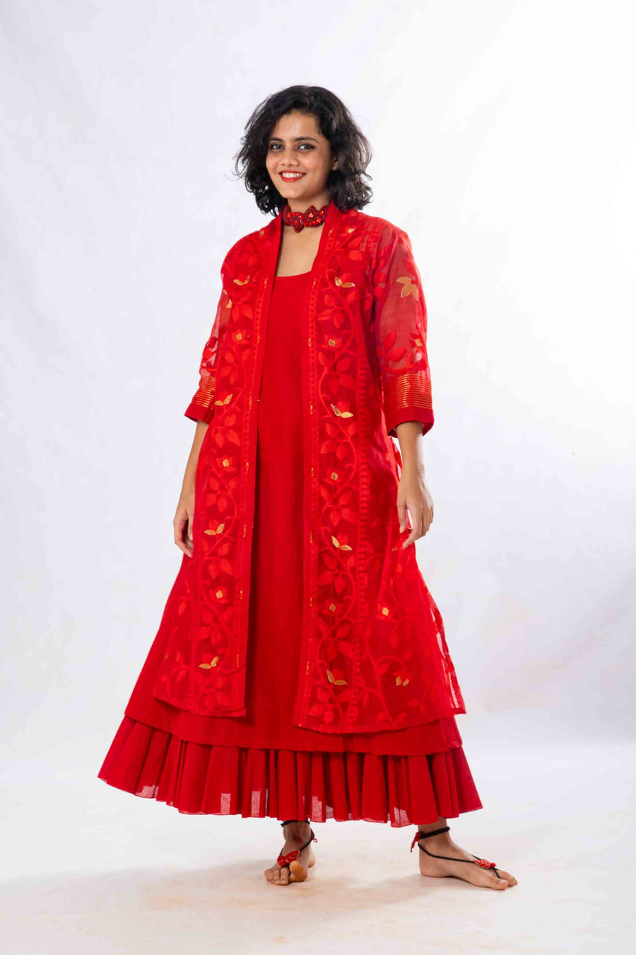 Set of 2- Devashree Red Jamdani Jacket & Dress