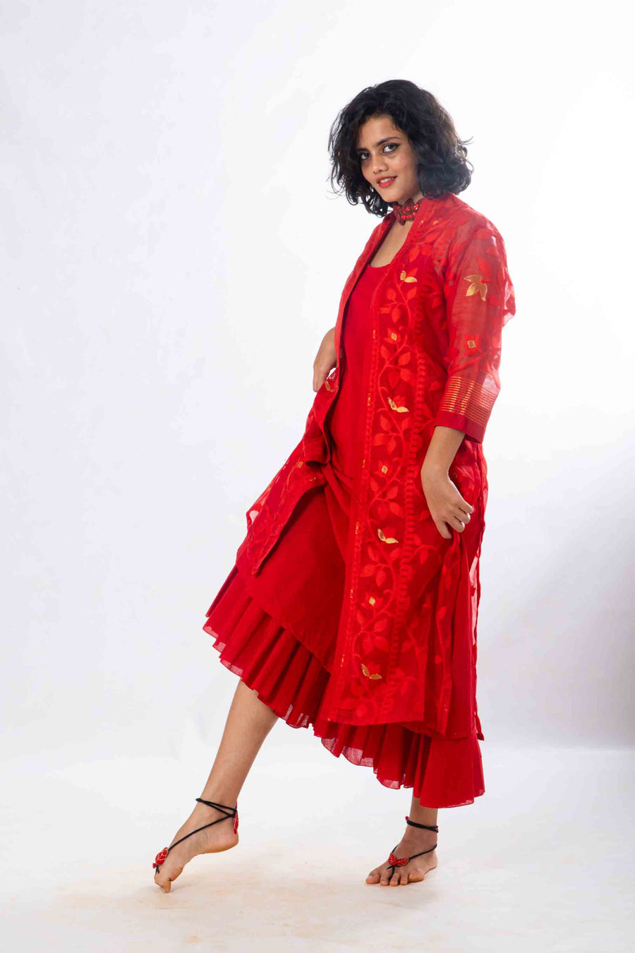 Set of 2- Devashree Red Jamdani Jacket & Dress