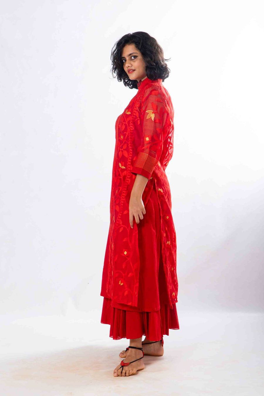 Set of 2- Devashree Red Jamdani Jacket & Dress