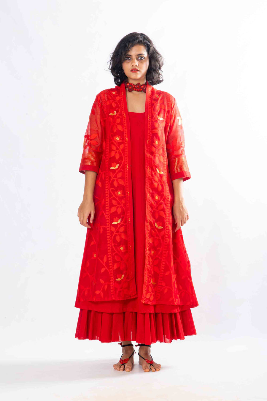 Set of 2- Devashree Red Jamdani Jacket & Dress