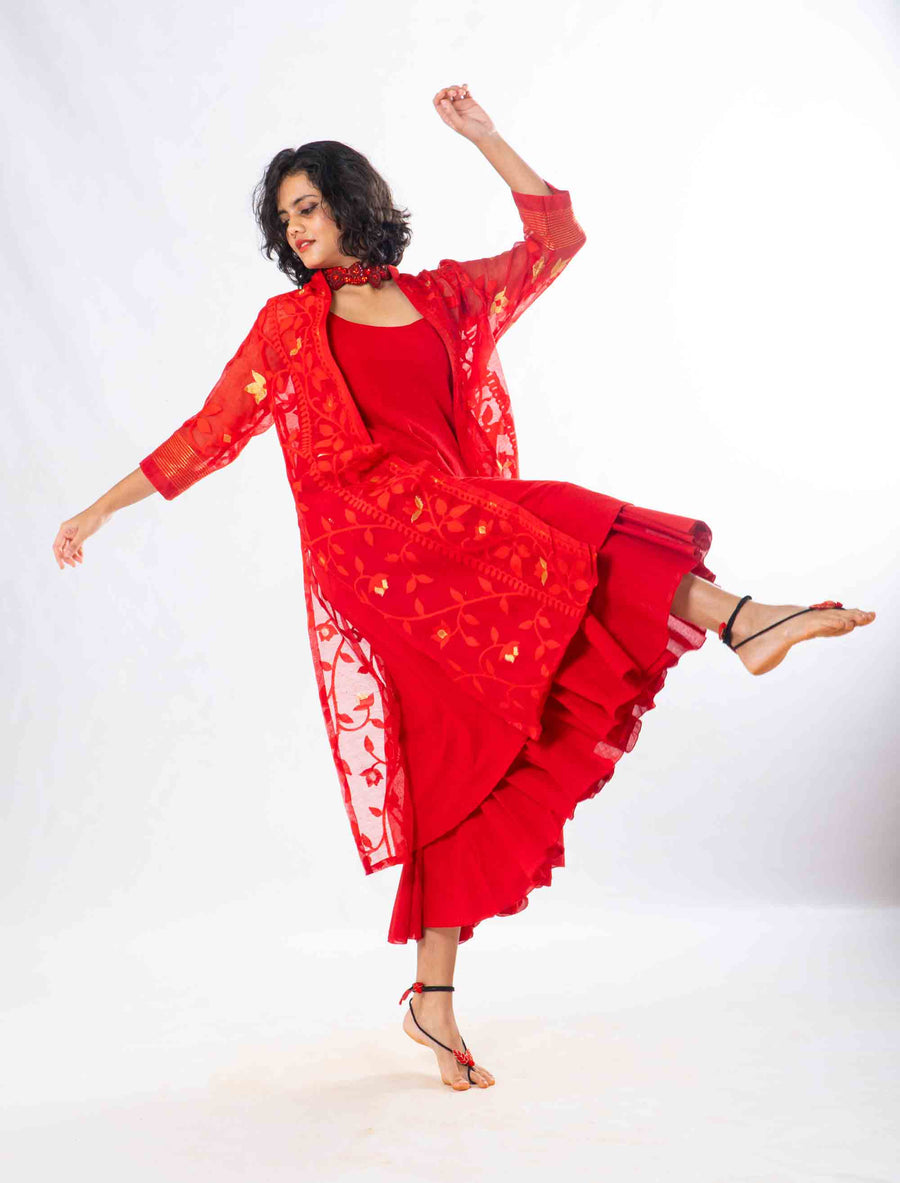 Set of 2- Devashree Red Jamdani Jacket & Dress