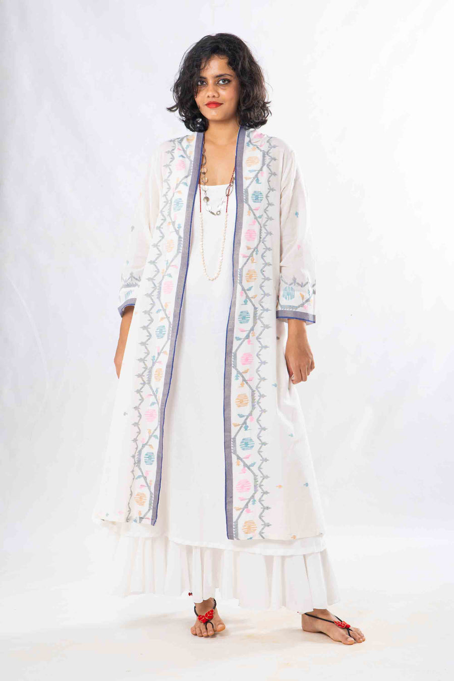 Set of 2- Devashree White Jamdani Jacket & Dress