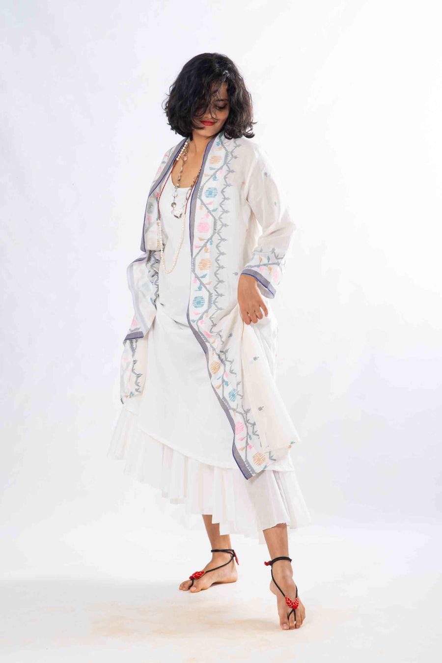 Set of 2- Devashree White Jamdani Jacket & Dress
