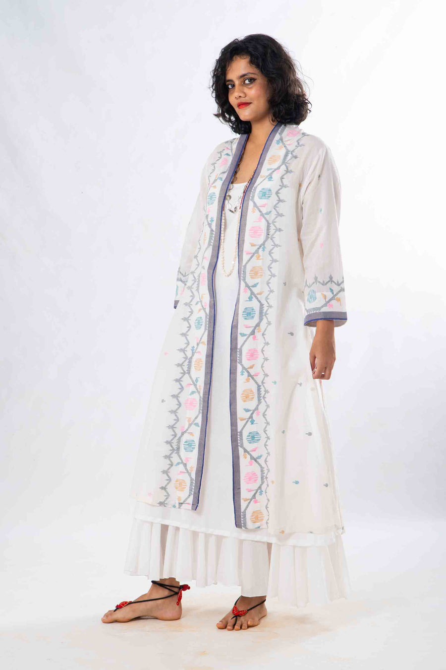 Set of 2- Devashree White Jamdani Jacket & Dress