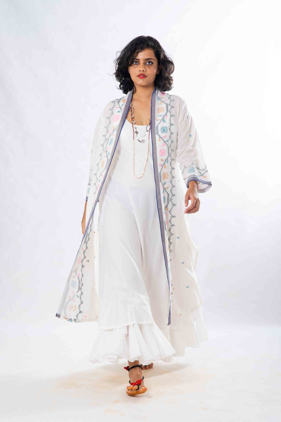 Set of 2- Devashree White Jamdani Jacket & Dress