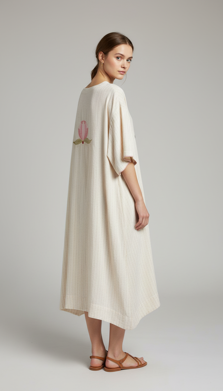 Ecru Hand Spun Khadi Lotus Embroidery Dress image 2