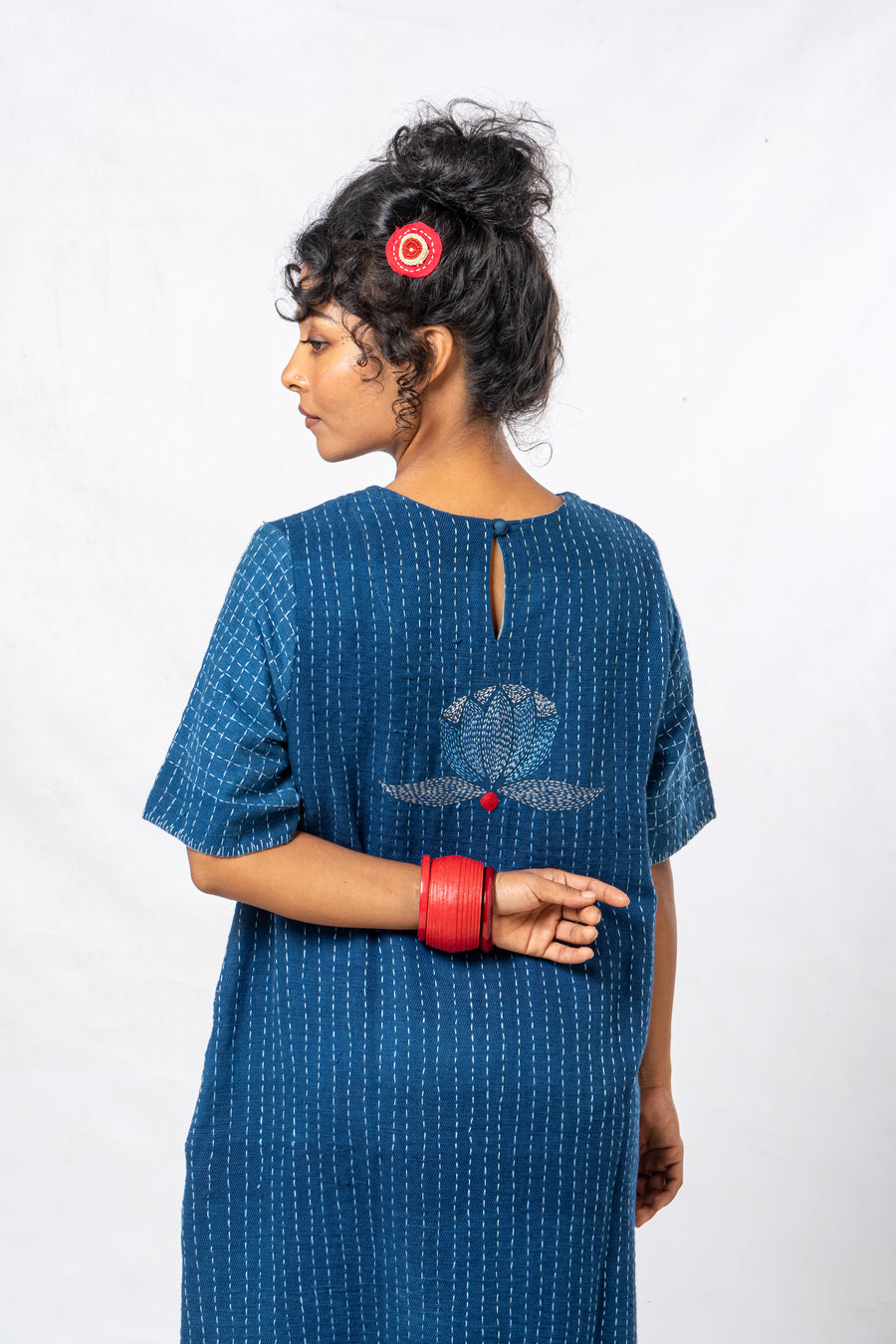 Indigo Small Lotus Embroidered Hand Spun Khadi Dress