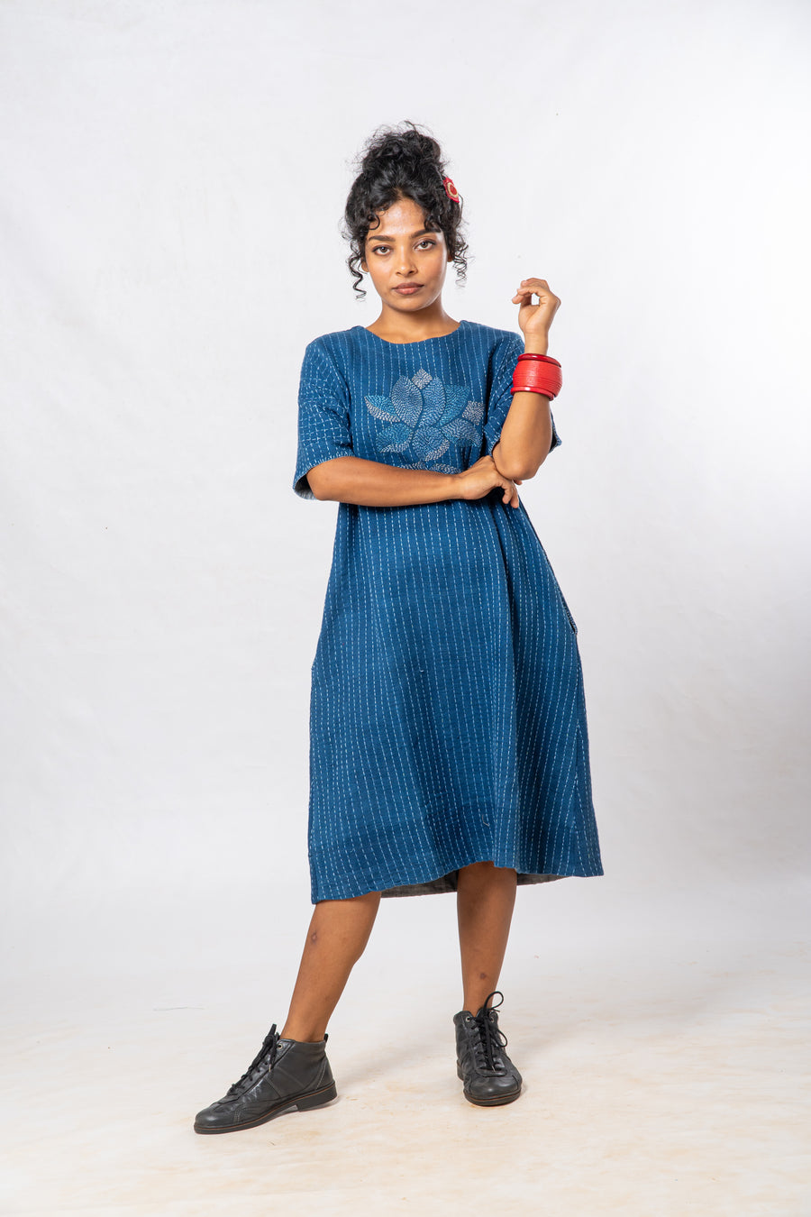 Indigo Small Lotus Embroidered Hand Spun Khadi Dress