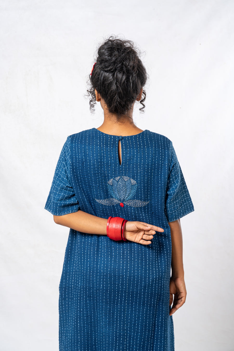 Indigo Small Lotus Embroidered Hand Spun Khadi Dress