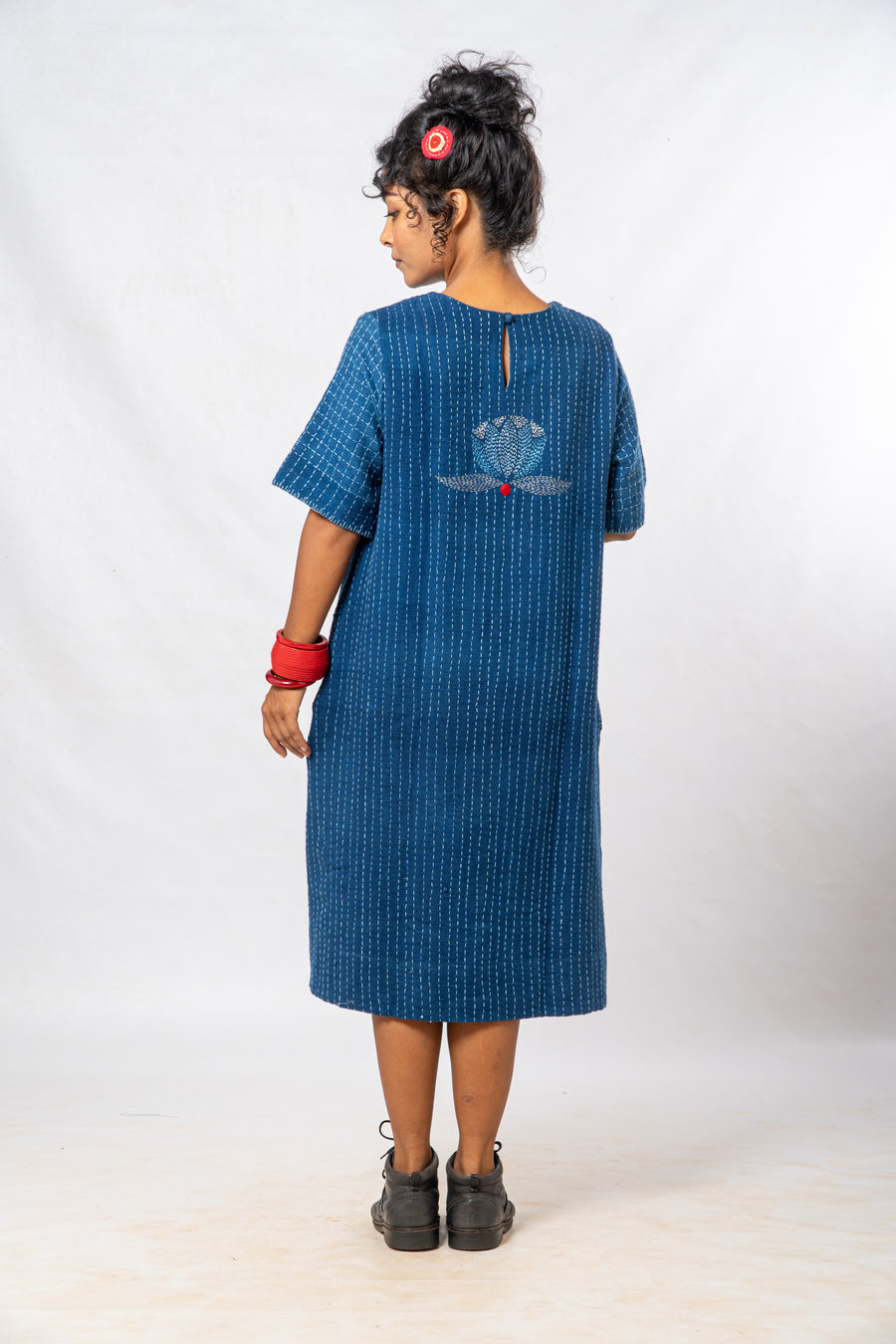 Indigo Small Lotus Embroidered Hand Spun Khadi Dress