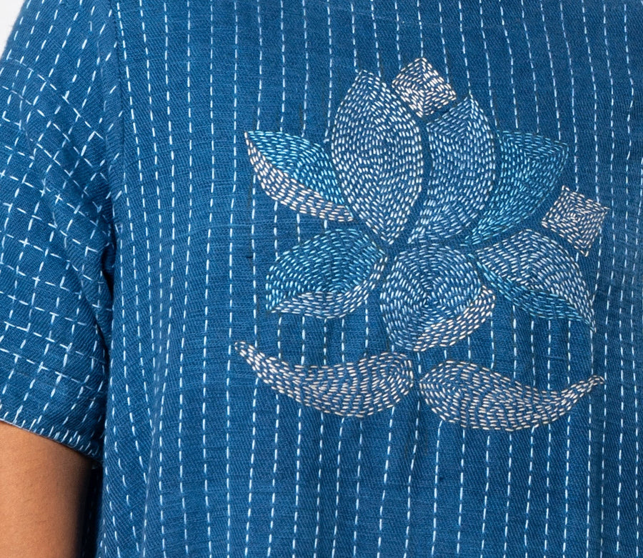 Indigo Small Lotus Embroidered Hand Spun Khadi Dress