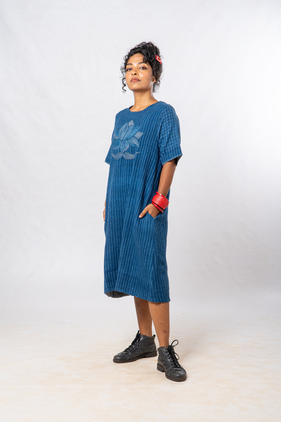 Indigo Small Lotus Embroidered Hand Spun Khadi Dress
