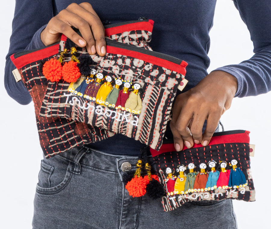 Set of 3- Black Tsunamika Hand Embroidered Zipper Pouch
