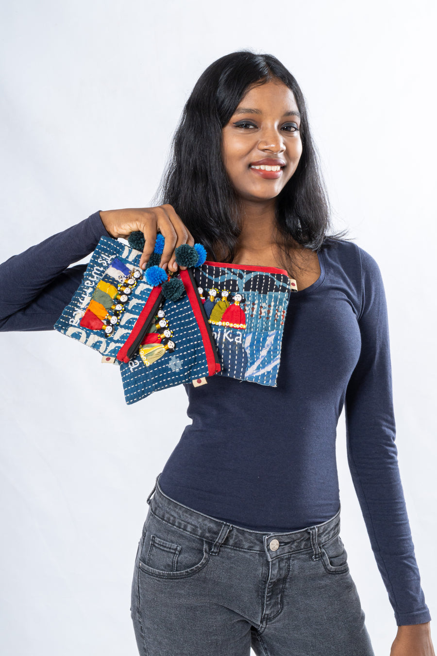 Set of 3- Blue Tsunamika Hand Embroidered Zipper Pouch