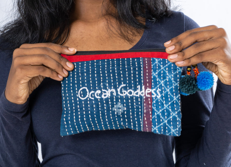 Set of 3- Blue Tsunamika Hand Embroidered Zipper Pouch