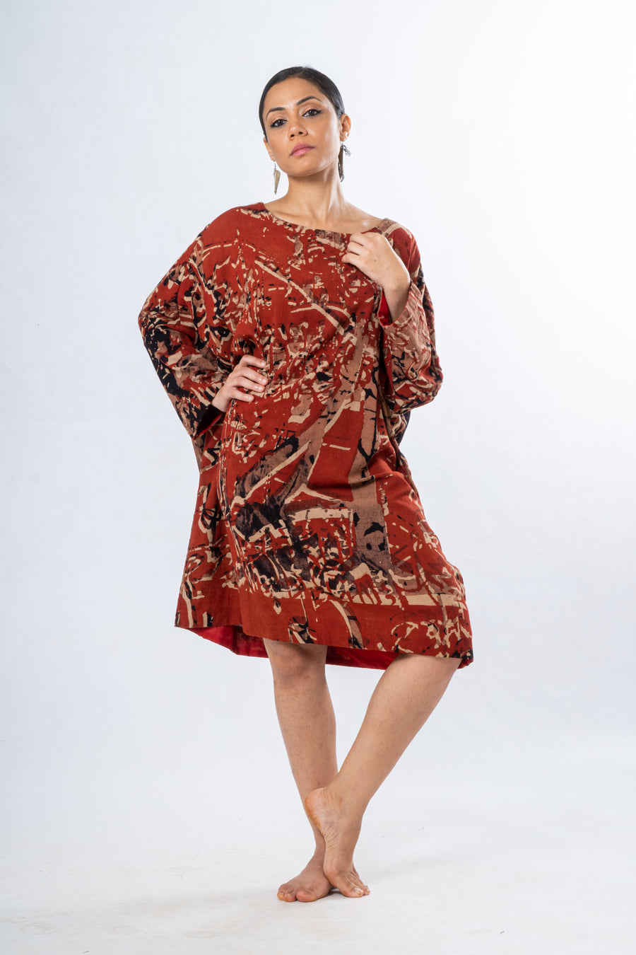 Red Khadi Hand Block Calligraphy Print Dress