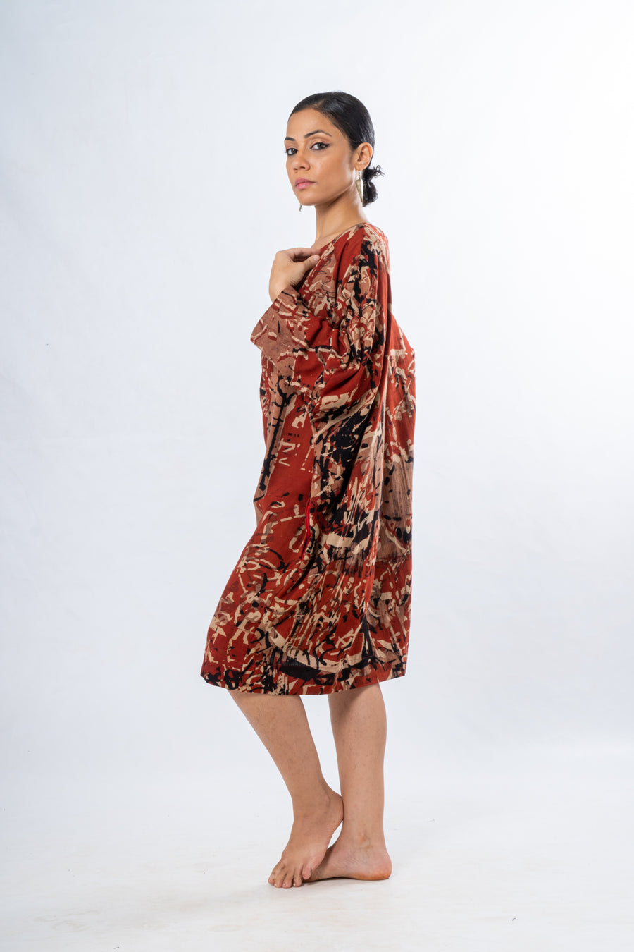 Red Khadi Hand Block Calligraphy Print Dress